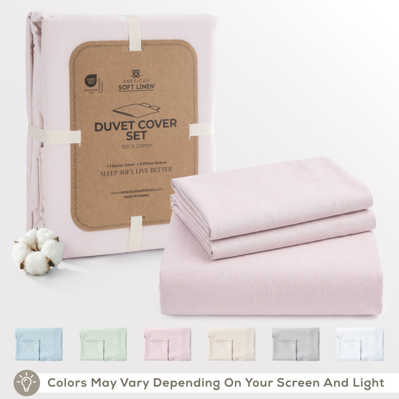 Ensemble de housse de couette 100% coton percale uni - Comprend 1 housse de couette et 2 taies décoratives, Rosé