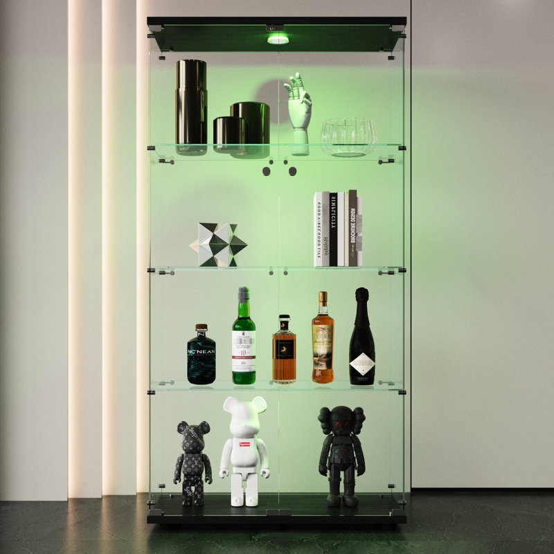 4 Shelves And 2 Doors Glass Display Cabinet With Led Lights, Floor Standing Curio For Living Room, Bedroom, Office, 64.7"x31.7"x14.3", Black - Stylish Storage Collectibles 64.7"x31.7"x14.3"