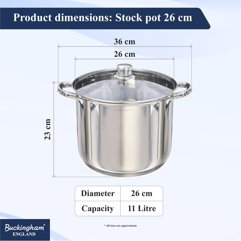 Buckingham Stainless Steel Deep Stock Pot with Glass Lid Induction Compatible  , 11 L