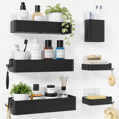 Étagères antirouille sans perçage avec porte-savon, ensemble de 6 tablettes adhésives pour salle de bain, noires
