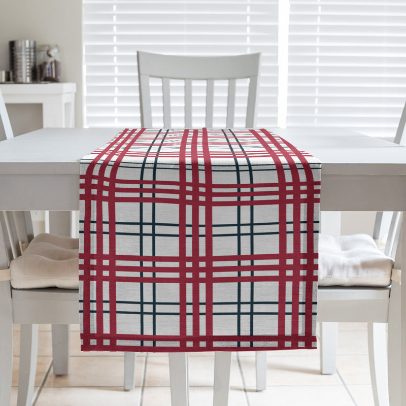Paid Polyester Table Runner, 90" L x 16" W, White/Deep Steel Blue/Battle Red