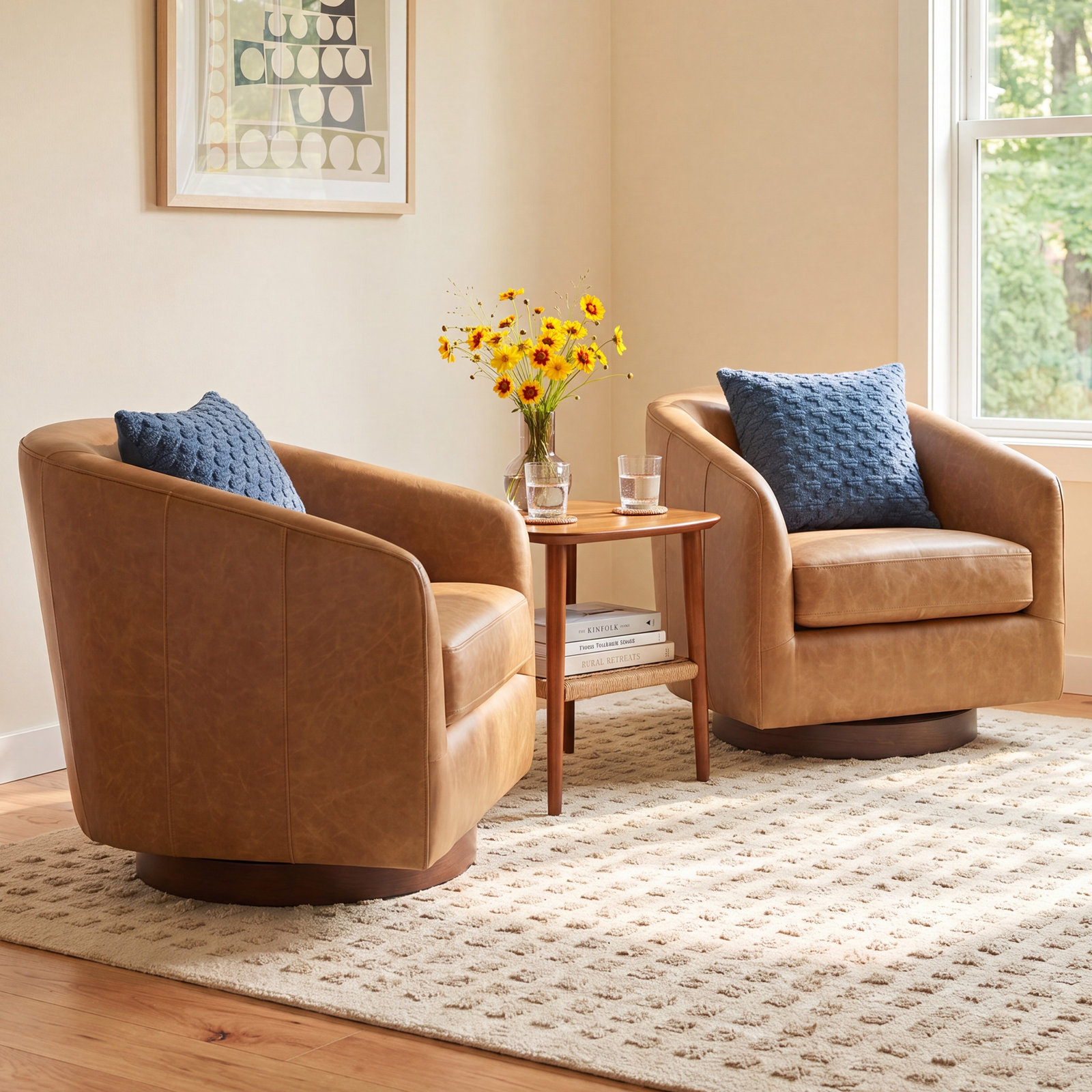 Bennett Genuine Leather Swivel Barrel Chair, Marseille Camel Top Grain Leather