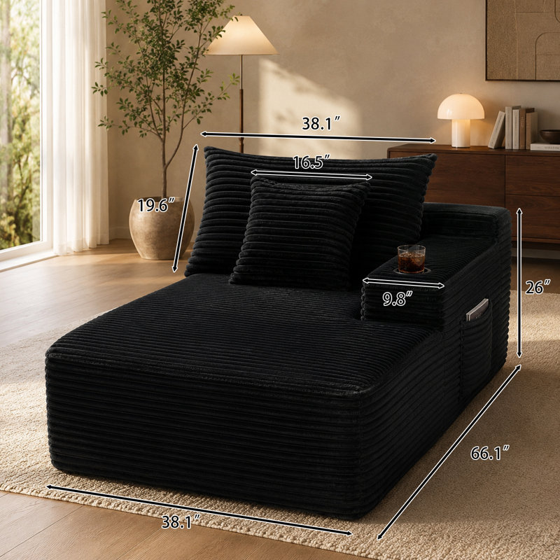 Méridienne droite de 37,5 pouces avec velours noir moelleux, porte-gobelet, agencement flexible, principalement pour le salon.