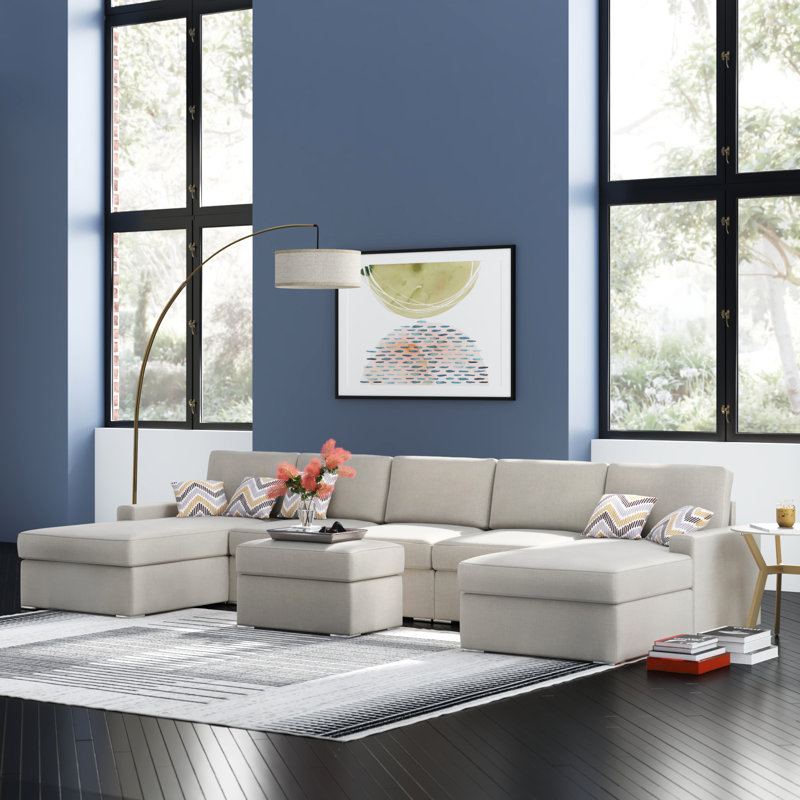 Upholstered U-Shaped Sectional Symmetrical, Beige Linen