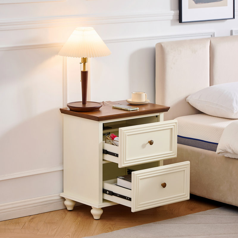 Table de chevet moderne Mid-Century avec station de charge et trou de sortie et 2 tiroirs, table de bout en bois avec rangement, armoire latérale pour le salon, salle de réception, table d'appoint