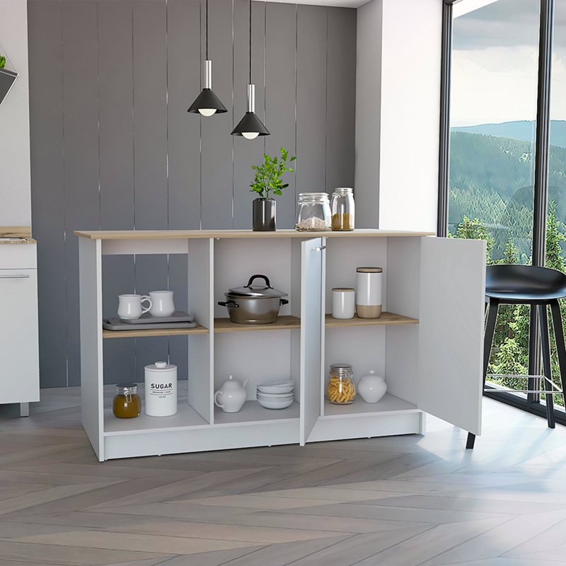 Îlot de cuisine, quatre tablettes ouvertes, deux armoires