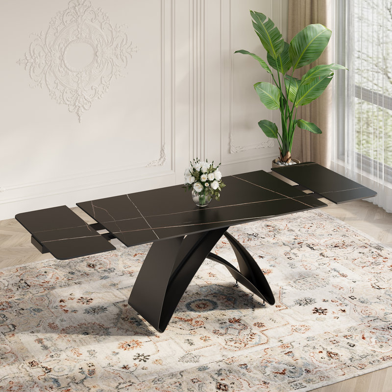 63 po - 94,5 po Table de salle à manger extensible rectangulaire en pierre frittée avec pieds en acier, table de salle à manger moderne noire avec repose-pieds réglables Siège 6-8
