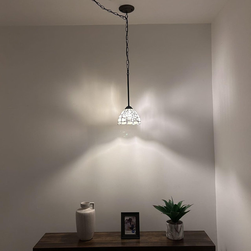 Bronze Mini Pendant Light with White Stained Glass and LED Bulb