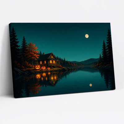 Cabane illuminée avec des citrouilles au bord d'un lac, sous une toile murale d'Halloween