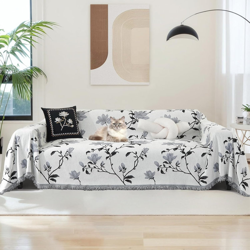 Cotton Box Cushion Sofa Slipcover, Cotton - White Floral