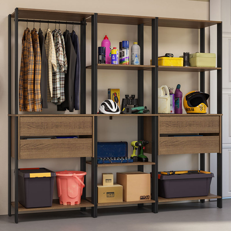  Étagère de rangement pour garage avec 4 tiroirs, tablettes ouvertes et armoire de rangement modulaire multi-usage L 78 po pour outils - noir / brun