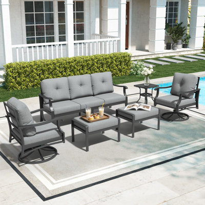6 Piece Aluminum Patio Conversation Set, Outdoor Metal Furniture With 3-Seat Sofa, Rocking Swivel Chairs, Ottomans & Coffee Table, 5" Thick Cushions For Backyard, Poolside