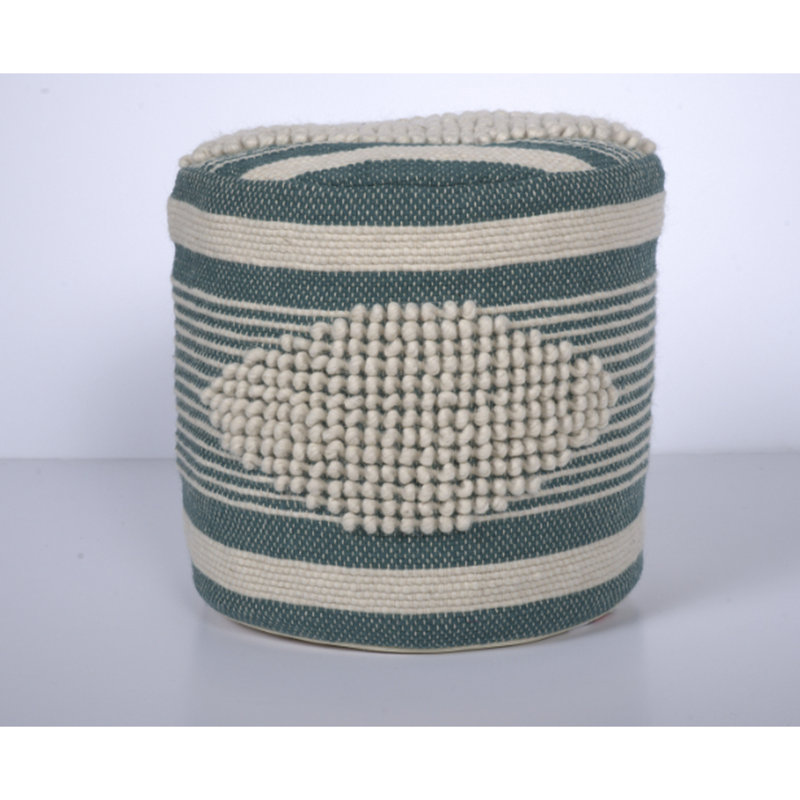 Pouf cylindrique blanc et bleu sarcelle fait à la main, en laine et en coton, 16 po x 16 po, capacité de 250 lb, nettoyage des taches, tissu de coton entièrement assemblé