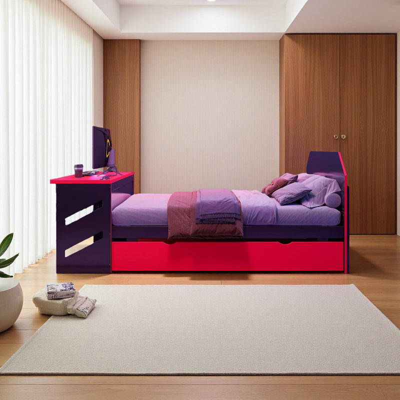Full Size Daybed With Twin Size Trundle,Desk And USB, Red