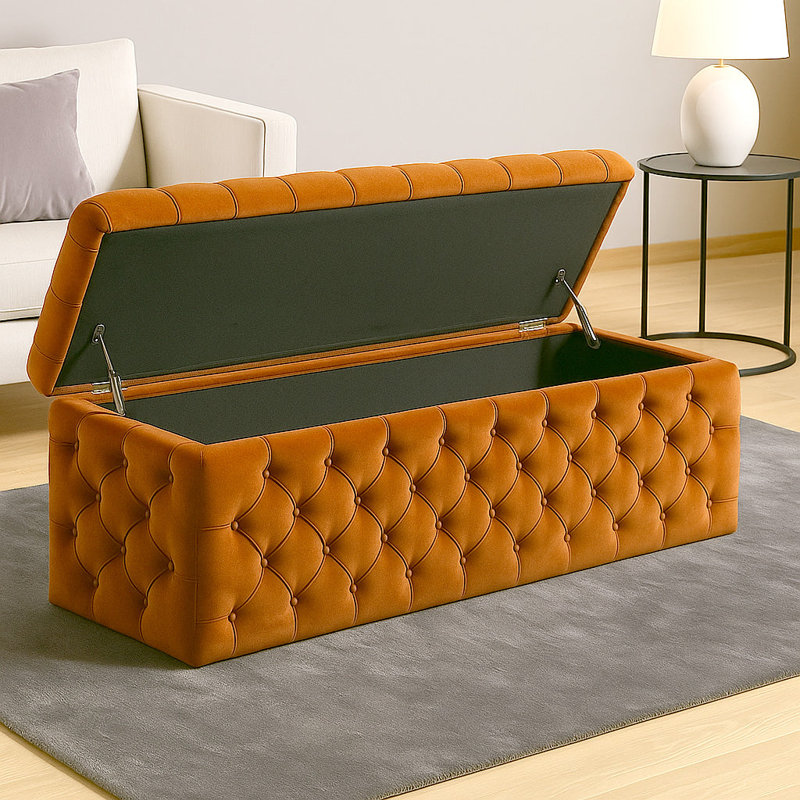 Lux Wide Velvet Chesterfield Rectangle Solid Color Standard Ottoman Box with Storage, Burnt Orange, 120cm W x 42cm D x 40cm H