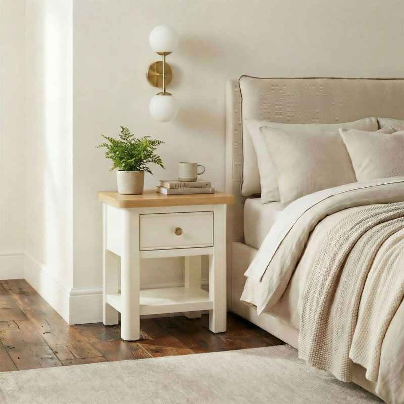 Bodkin Wooden Bedside Table With Drawer - Traditional Farmhouse Style, 47cm H x 40cm W x 36cm D, Oak/Cream