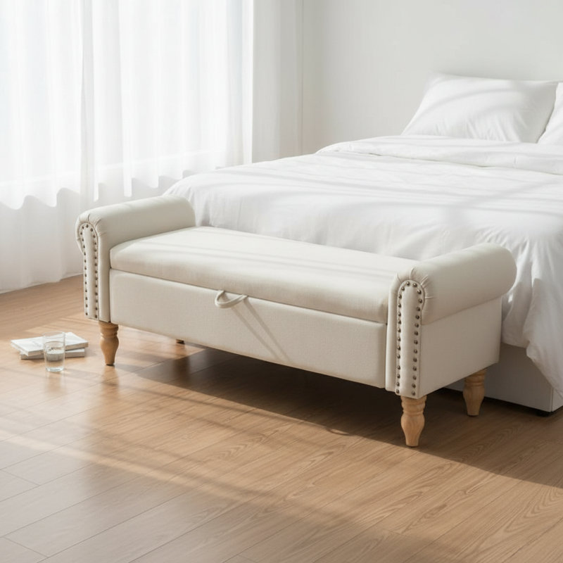 Banc de rangement rembourré multifonctionnel avec accoudoirs roulés et pieds en bois massif durable, assise spacieuse et solution de rangement idéale pour les salons, les entrées et les espaces de rangement
