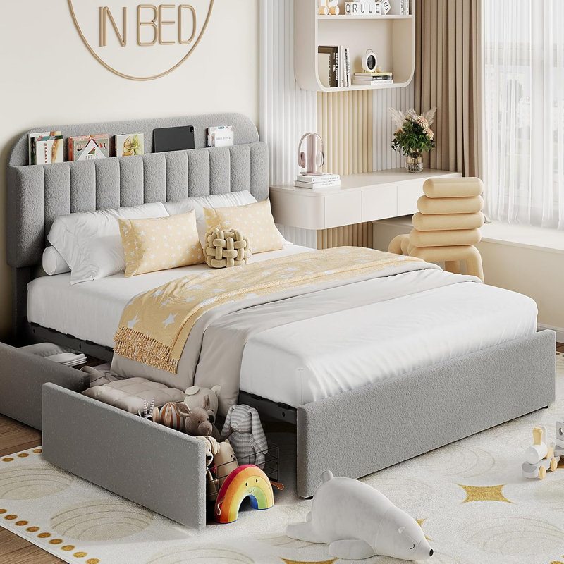 Full Size Bed Frame with Storage Headboard and 2 Drawers Kids Upholstered Platform Bed with Bookcase Sturdy Wooden Slats Support No Box Spring Needed Noise Free