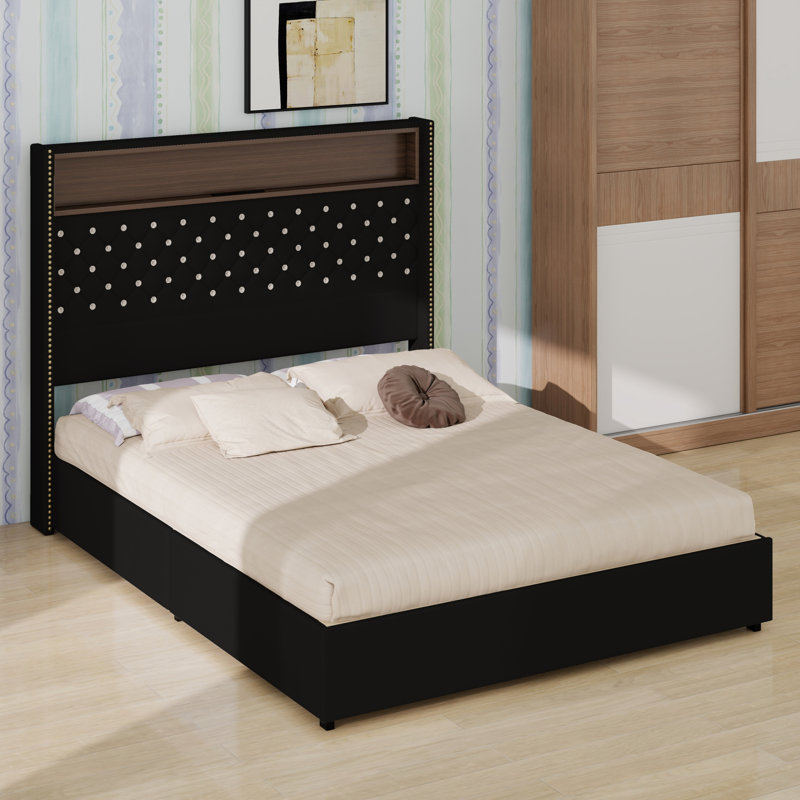 Bed Frame with USB Port,  and  Wing-Back Headboard, Full / Double
