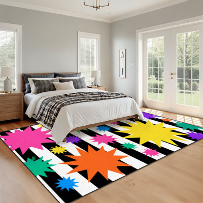 Tapis lavable 9x12, motif écolière multicolore à poils courts avec envers antidérapant en TPE, rayures et formes géométriques, doux et confortable pour salon, chambre, salle à manger et bureau.