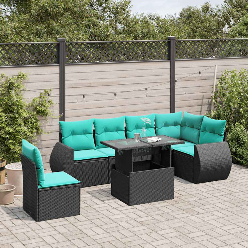 Ensemble de canapé de patio 7 pièces avec coussins en rotin de polyester, Bleu clair, Noir