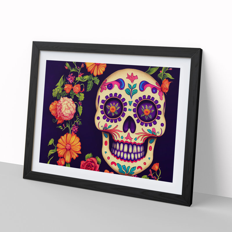 Fancy Floral Sugar Skull - Single Picture Frame Print, Black Framed, 46cm H x 64cm W x 2cm D