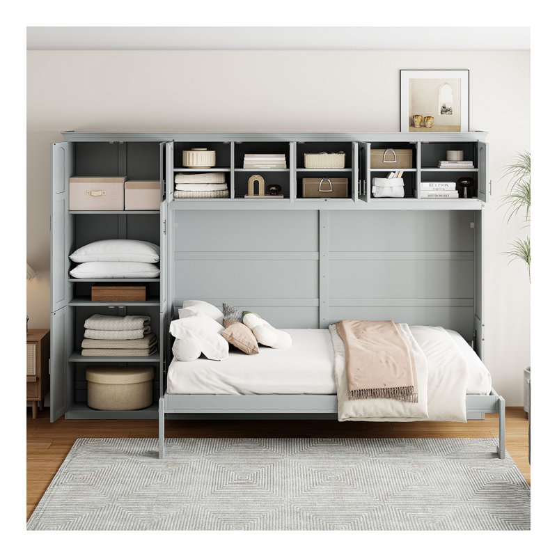 Grand lit escamotable mural avec armoires, gris