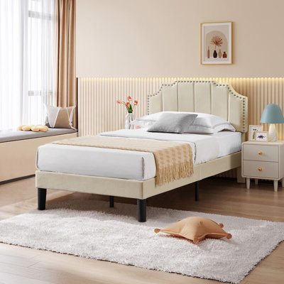 Twin size Bed with Adjustable Tufted Headboard, Platform Bed, Mattress foundation, No Box Spring Needed