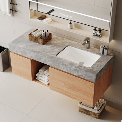 Meuble-lavabo mural simple 47,6 po avec 2 tiroirs flottants modernes en bois massif