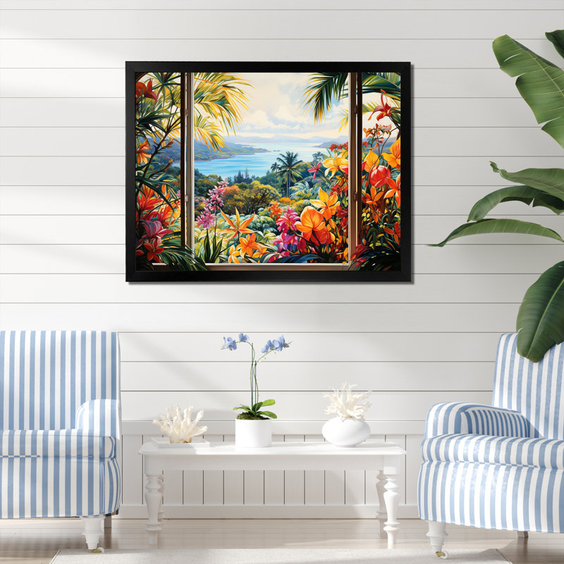 «Tropical Windows View Blooms 4 - Coastal Windows», art mural, H 34 po x l 44 po x P 1,5 po, Cadre d'angle fermé noir