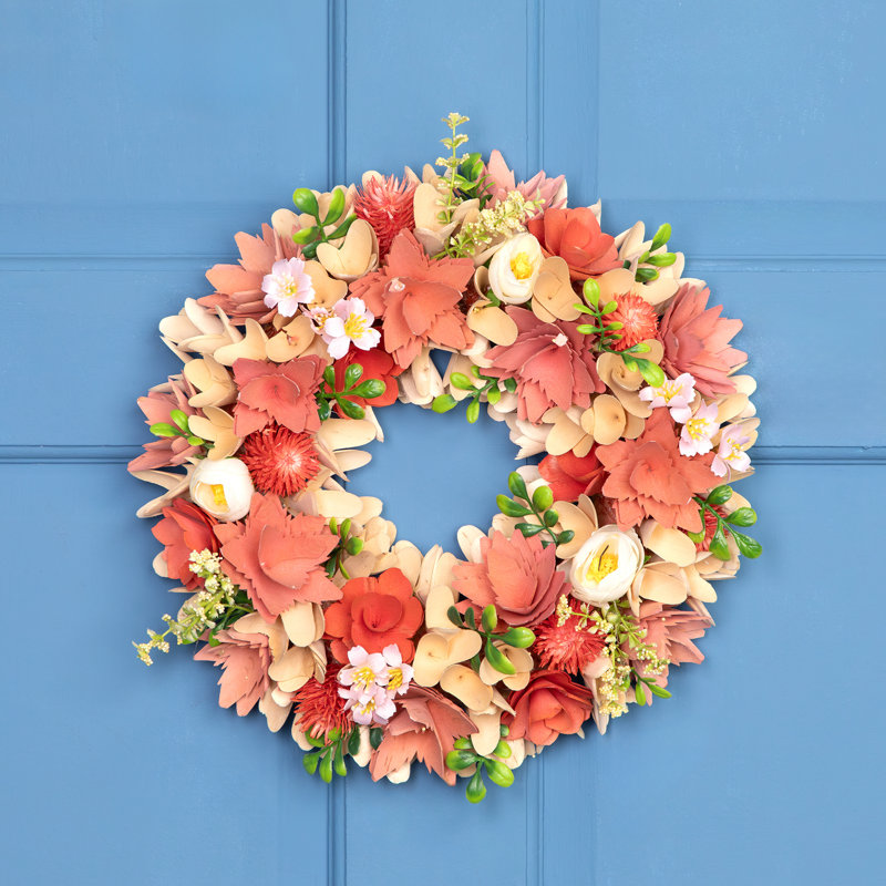 Mini couronne de fleurs artificielle en bois de chardon - 14 po - rose et crème
