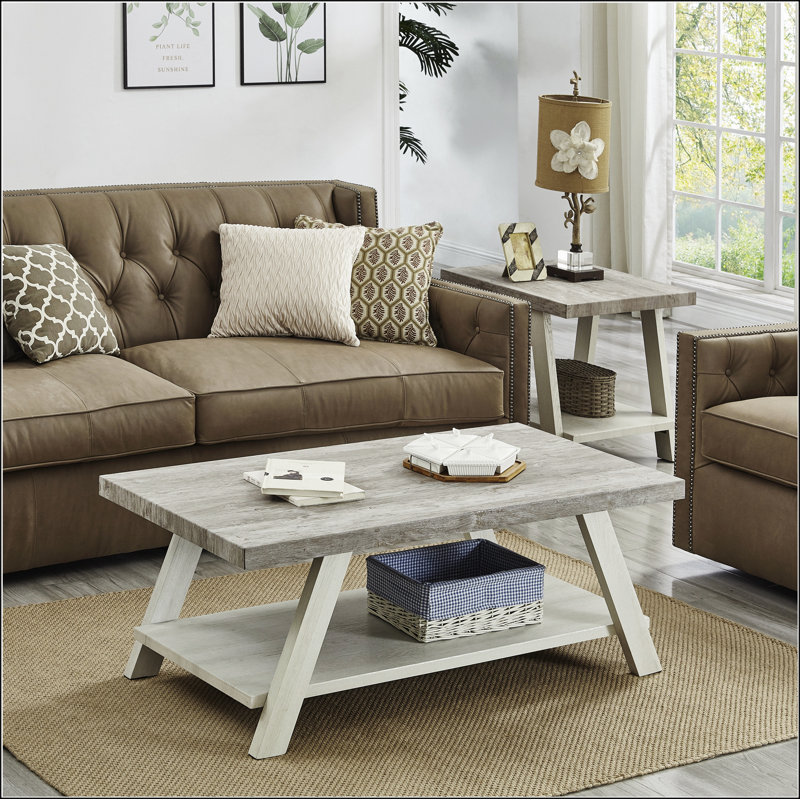 Rectangular Coffee Table with Solid + Manufactured Wood Table Topand Shelf, Gray