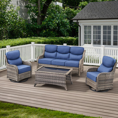 Outdoor Patio Wicker Sofa Conversation Set With Swivel Chairs And Coffee Table