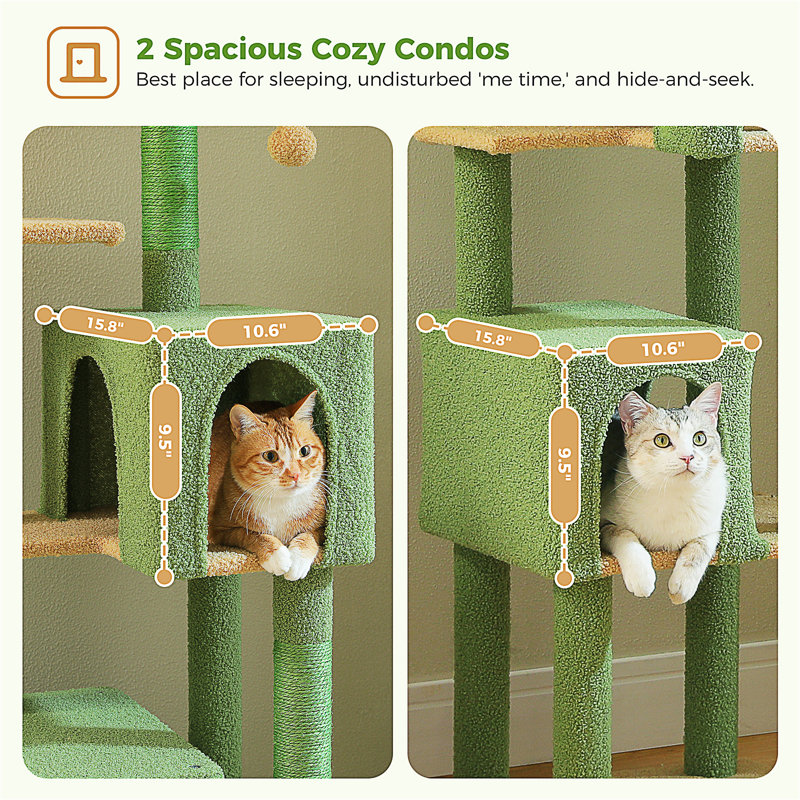 Arbre à chat inférieur pour chats d'intérieur, tour pour chat à plusieurs niveaux de 62 po avec 2 condos spacieux, patin à griffer, 4 poteaux à griffer, 2 perchoirs supérieurs, 2 pompons