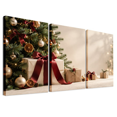 Ensemble de 3 toiles murales de Noël représentant un sapin et des cadeaux emballés avec des rubans rouges