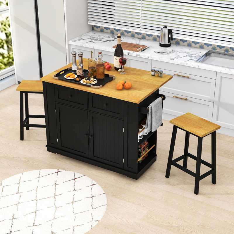 Rolling Kitchen Island Set with Drop Leaf, 2 Bar Stools, Power Outlet, 2 Drawers and Door Racks, Black