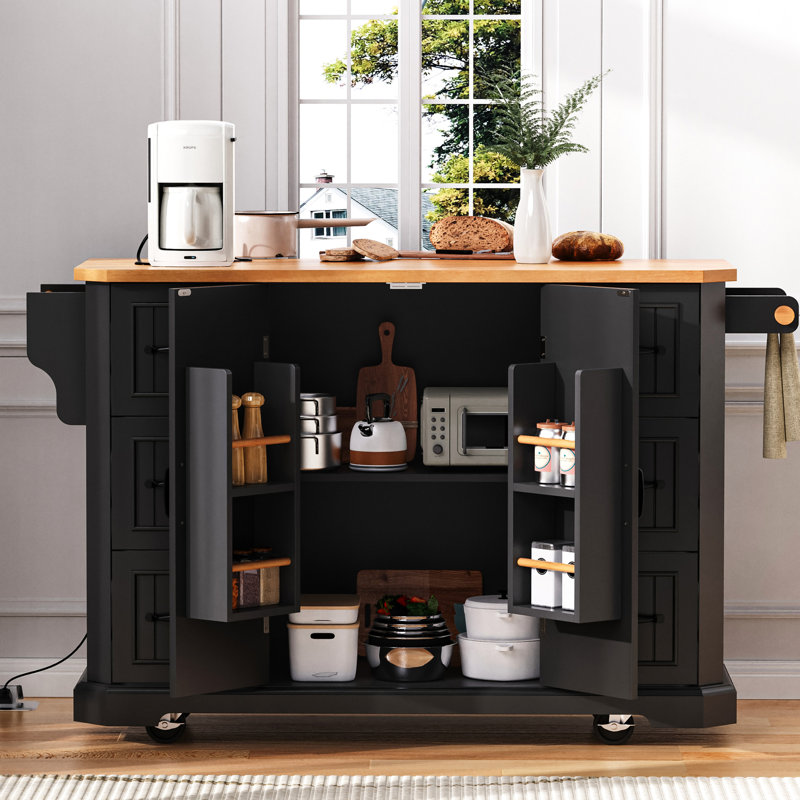 Large Kitchen Island With Power Outlet & Adjustable Shelves Black 47" Rubber Wood Veneer Top 4 Doors, Black
