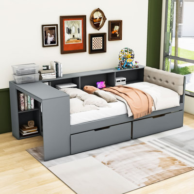 Wooden Daybed with Storage Drawers, Shelves, Charging Station and Upholstered Headboard by Lark Manor
