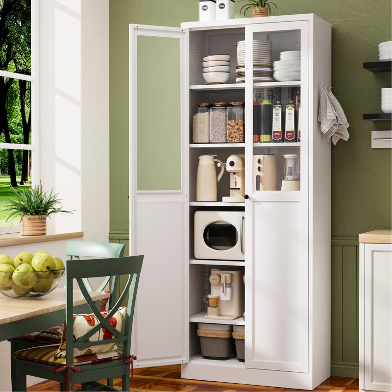 Organisateur de garde-manger en métal blanc de 72 po avec portes et tablettes, robuste, assemblage d'outils, idéal pour une armoire de rangement de cuisine, grand, 5 aimants silencieux réglables, ancrage mural complet