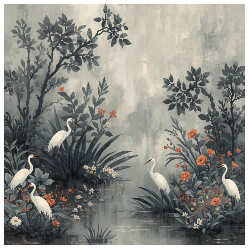 Aigrette dans des couvertures de marais florales, L 60 po x H 80 po