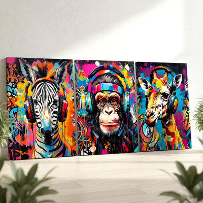 3 pièces Portraits d'animaux vibrants avec casque, art mural, trois pièces pour le salon, la chambre à coucher, le bureau et la maison, look encadré
