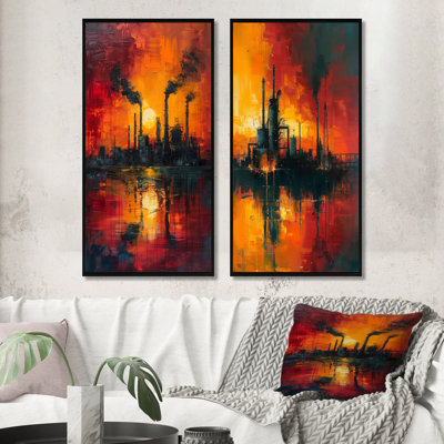 Ensemble de 2 pièces d'art industriel rouge Polution I - usines