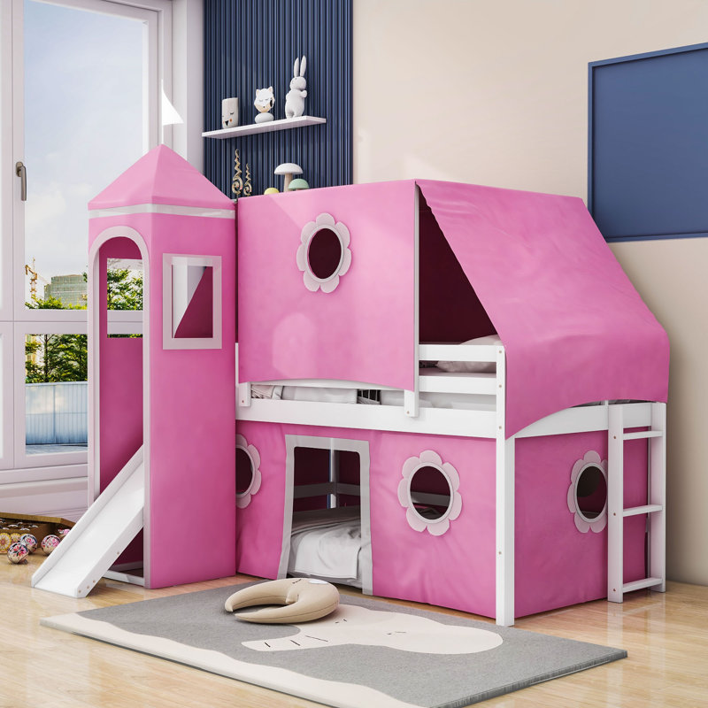Lit superposé en bois avec glissade, tente et tour Britni Kids, Simple, Rose