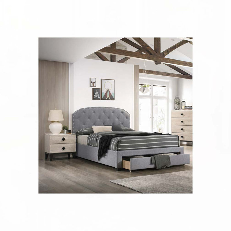 Lit en tissu d'ameublement avec tête de lit et tiroir, Grand, Gris clair