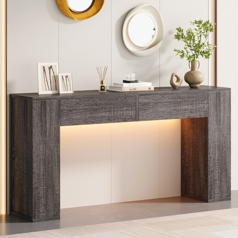 Diyanna 55.12'' Console Table with 2 Drawers & LED Light, Gray