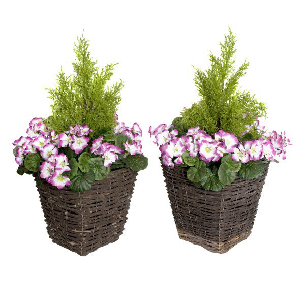 2x Artificial Rattan Patio Planters with Geraniums and Cedar Topiary, Purple
