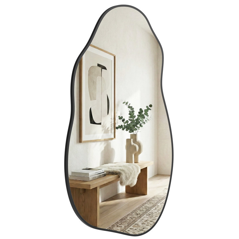 Modern Asymmetrical Metal Framed Decorative Wall Mirror Irregular Wavy Mirror for Bathroom Vanity, Matte Black, 30" x 16.5"