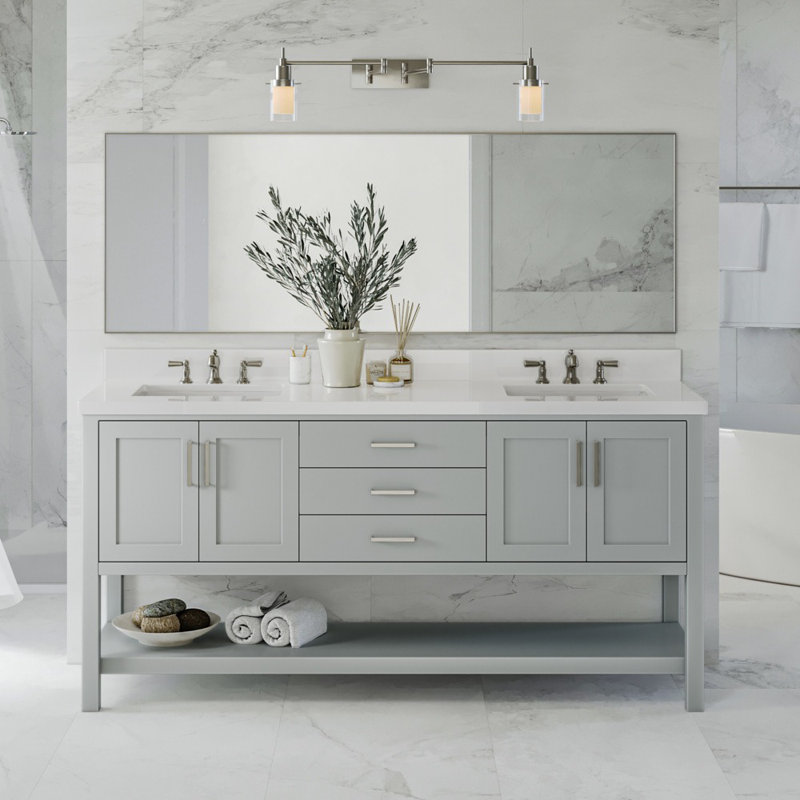 Magnolia 73" Double Bathroom Vanity in Grey, with 1.5 Pure White Quartz Top, Rectangle Sink, Gray, Rectangular
