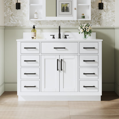 Meuble-lavabo autoportant en bois massif de 48 po x H 35 po avec comptoir en marbre de culture blanc et lavabo simple en céramique, blanc