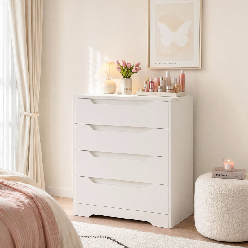 Commode 4 tiroirs Basanti, conception sans main, Blanc